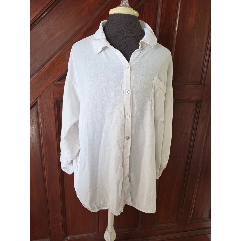 Susan Graver Womens White Button-Up Blouse Size Xlp 100% Linen